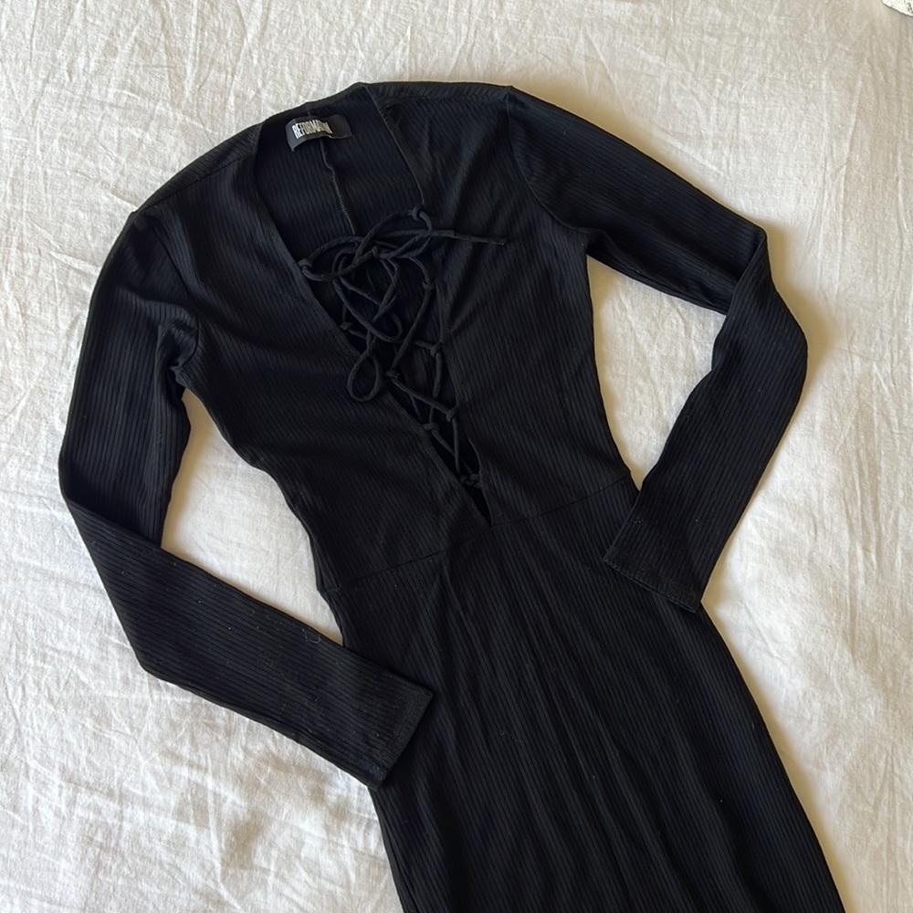 Reformation Black Lace-Up Long Sleeve Midi Dress